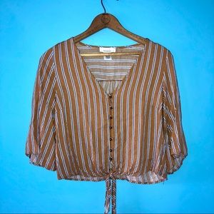 Urban Romantics Cropped Striped Tie 3/4 Sleeve Top